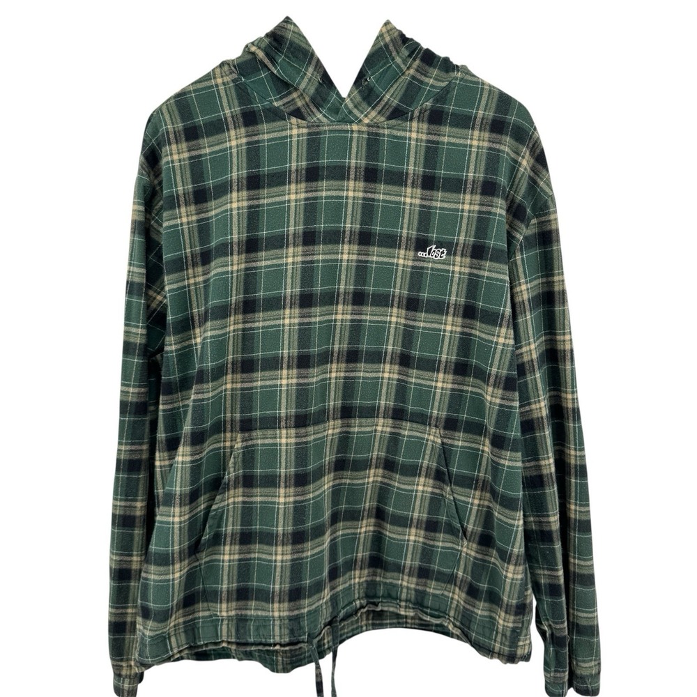 Lost Enterprises Green Plaid Flannel Hoodie Pullover Sz XL Drawstring Waist